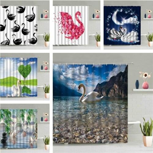 Mountain Water Swan Animal Shower Curtain Waterproof Blue Sky Cloud Scenery Bathroom Curtains Bath Screen Fabric Decor Hooks Set