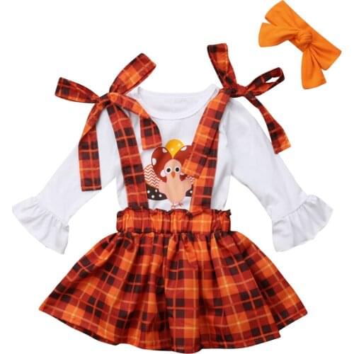 Cute Kids Baby Girls Thanksgiving Turkey Clothes Long Sleeve Cotton Tops+Suspender Skirt 3Pcs Outfits Plaid Autumn Fashion