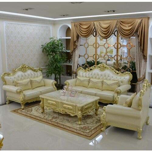 European-style Leather Sofa Combination 123 Luxury Living Room Furniture Full Solid Wood Oak Sofa Champagne Color
