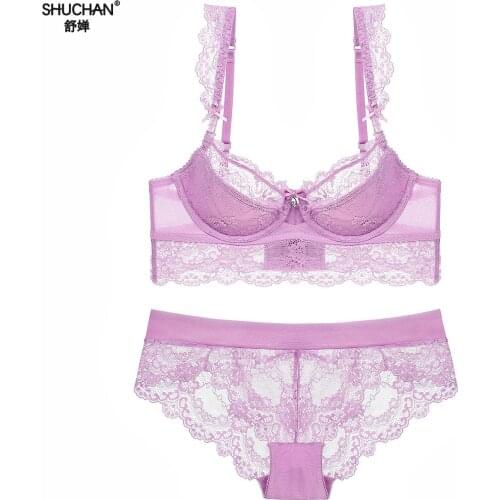 SHUCHAN Plus Size Underwear Women Bra Set Sexy Bra Ultrathin Lingerie Set Big Size Bras Lace Bra Set Transparent Embroidery15102