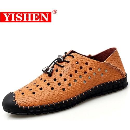 YISHEN New Summer Men Casual Shoes Leather Mens Loafers Handmade Moccasins Man Flats Leather Walking Male Boat Hollow out Shoes