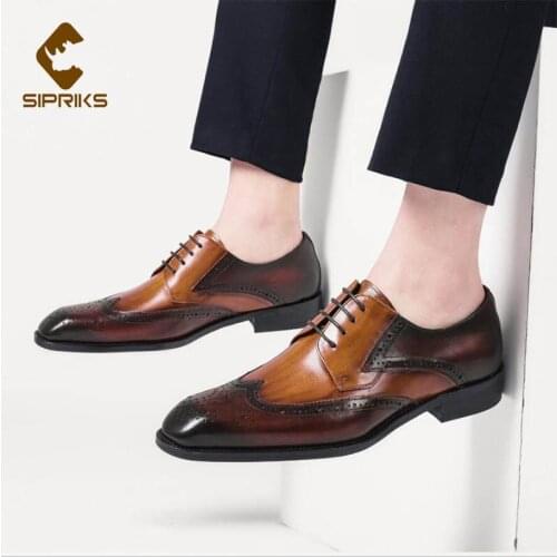 Sipriks Luxury Patina Red Brown Shoes Genuine Leather Wingtip Brogues Retro Gentleman Gent Suit Shoe Casual Business Footwear 46