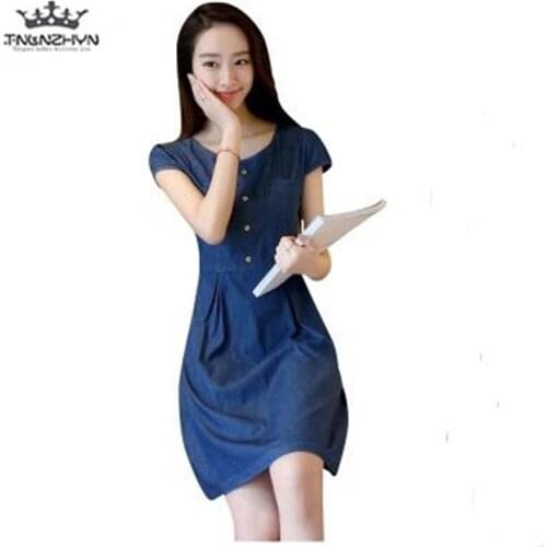 Tnlnzhyn 2019 New Summer Women Denim Dress Slim Casual O-neck Short Sleeved Jeans Dress ladies Loose Summer Dress Y1004