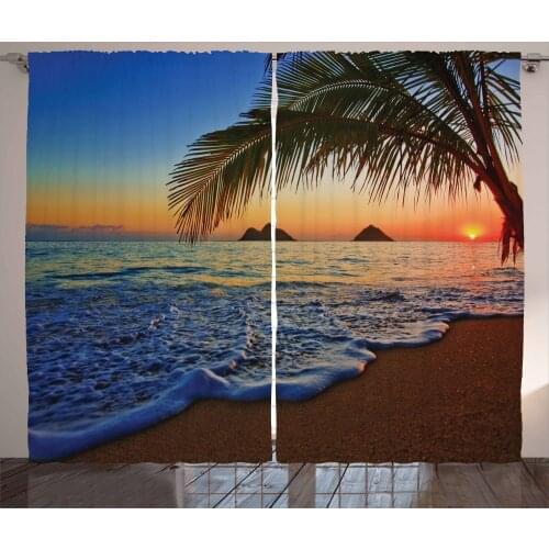 Beach Romance Curtains Sunset Scenery Waves on Sands Satin Fabric Drapes for Living Room Bedroom 2 Panel Window Set