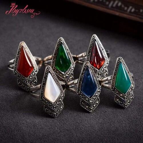 9x11mm Rhomb:Crystal,Agat e Stone Beads Inlaid Marcastie Tibetan Silver Classical Ring 1 Pc #7-#9,Send Random Size Free Shipping