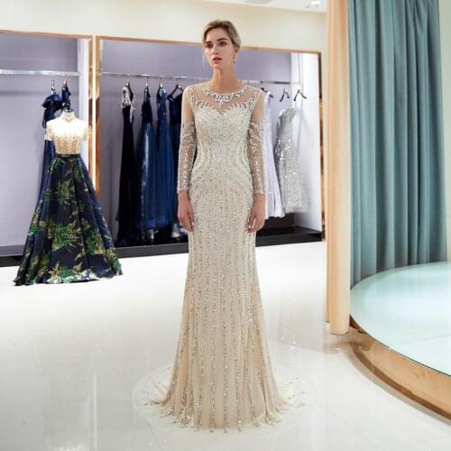 Beaded Evening Dresses Luxury Gray/Champagne Mermaid Crystal Sweep Train Long Sleeves Gray Sheer Neck Prom Formal Party Gown