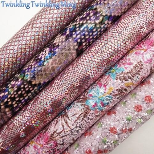 Pink Glitter Fabric,Metallic Snake Synthetic Leather Fabric, Flowers Faux Fabric Sheets For Bow A4 21x29CM Twinkling Ming XM017F