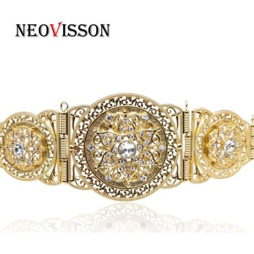 NEOVISSON Gold Color Africa Caftan Belt For Women Wedding Dress Jewelry Round Metal Buckle Rhinestone Wholesale
