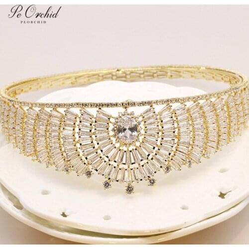 PEORCHID 2020 Sparkling Gold Zircon Bridal Tiaras Crowns Corona De Reyna Crystal Hair Jewelry Princess Wedding Hairband
