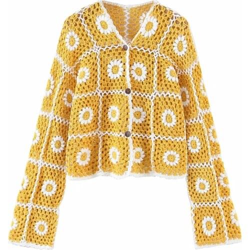 Cropped Knit Cardigan Sun Protection Sweater crochet Jersey mesh fabric Outerwear Handmade Sunflower Knitted Hollow Out coat