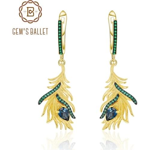 GEMS BALLET Natural London Blue Topaz 925 Sterling Silver Feather Leaf Gypsy Bohemia Dangle Earrings for Women Fine Jewelry