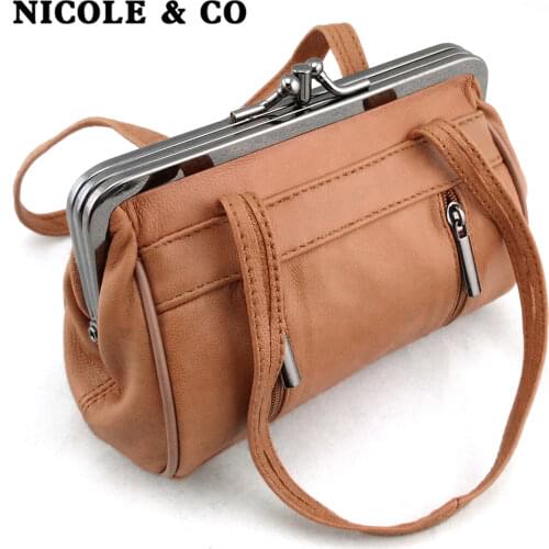 NICOLE & CO Women Coin Purse Genuine Leather Card Holder Wallet Metal Frame Change Purse For Girls Original Small Coin Bag