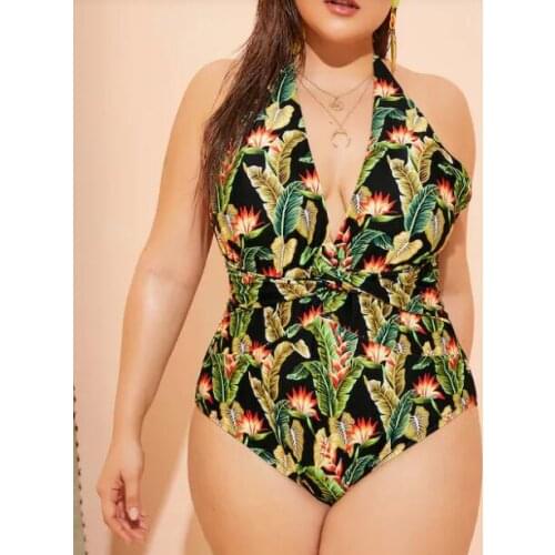 Plus Size One Piece Swimwear Women V Neck Bathing Suit Large Size Print Swimsuit Monokini Maillot De Bain Halter Swimming Suit