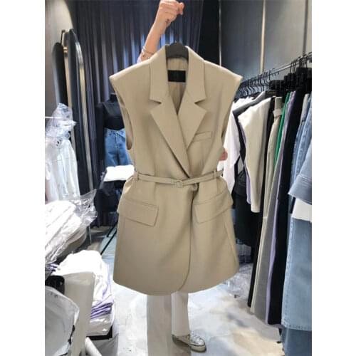 2021 Spring Autumn New Female Black Temperament Suit Waistcoat Large Size Lapel Belt Lady Sleeveless Blazer Vest Jacket e044