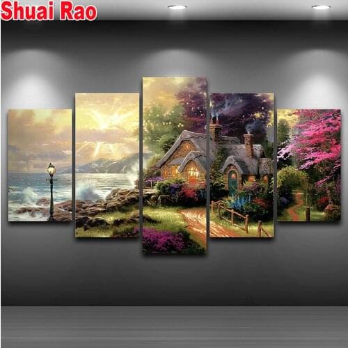 5 pcs Diamond Painting Seashore Cottage Classic wall Painting Cross Stitch Full Diamond Embroidery sale European pictures decor