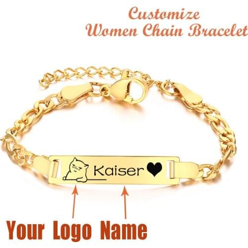 Women Custom Chain Bracelets DIY Personalized Stainless Steel Name Logo Bar Chain Bangle Gift for Mom Girlfriend