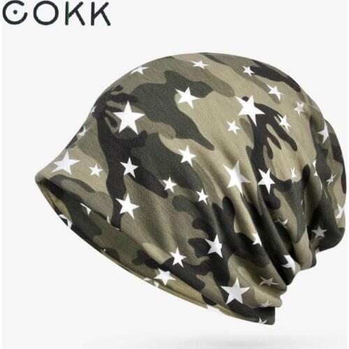 COKK New Autumn Winter Hats For Men Women Thin Beanie Cotton Camouflage Star Turban Hat Baggy Cap Bone Male Gorro Feminino
