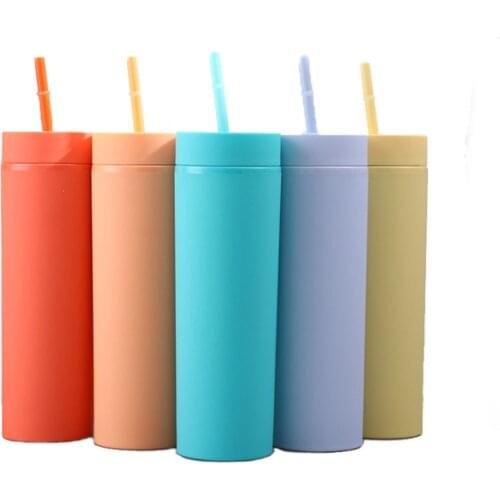 Double Wall Matte Finish Reusable Water Bottle Skinny 473ml 16oz Plastic Tumbler Candy Color Straight Tumbler With Straw