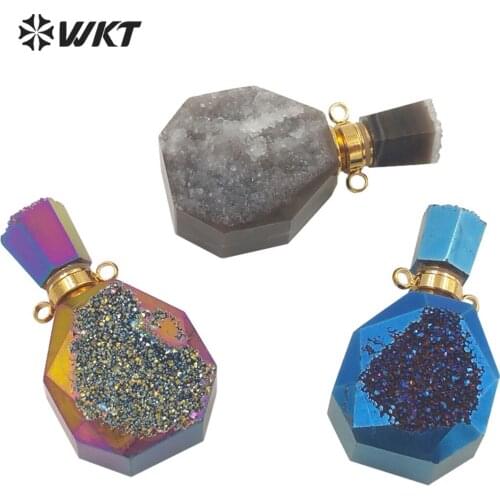 WT-P1695 Newest WKT Exclusive design Titanium Rainbow druzy Agate stone Perfume bottle pendant Flash Brightly faceted quartz