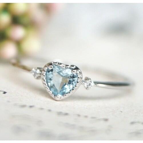 Dainty Female Aqua Blue Crystal Ring Classic Silver Color Love Engagement Ring Cute Love Heart Thin Wedding Rings For Women