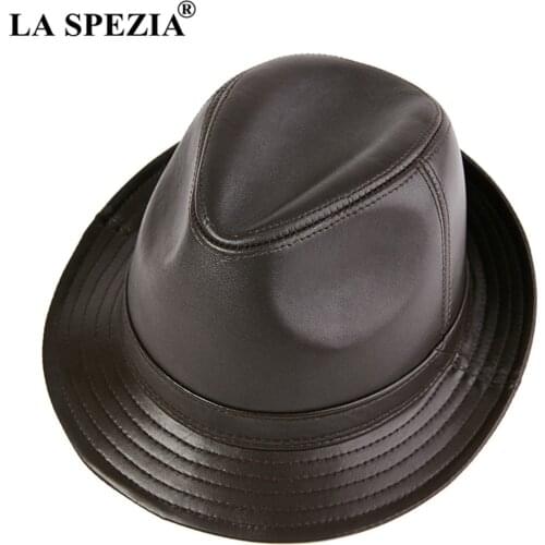 LA SPEZIA Men Fedora Hat Real Leather Sheepskin Dark Brown Jazz Hat Male Autumn Winter High Quality Mens Flat Top Cap