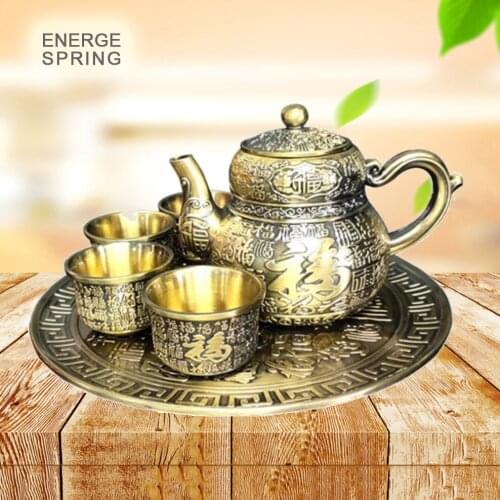 6-Piece Set Retro Teapot Teacup Imitation Bronze Tea Set Home Chinese Metal Tea Set Decorations