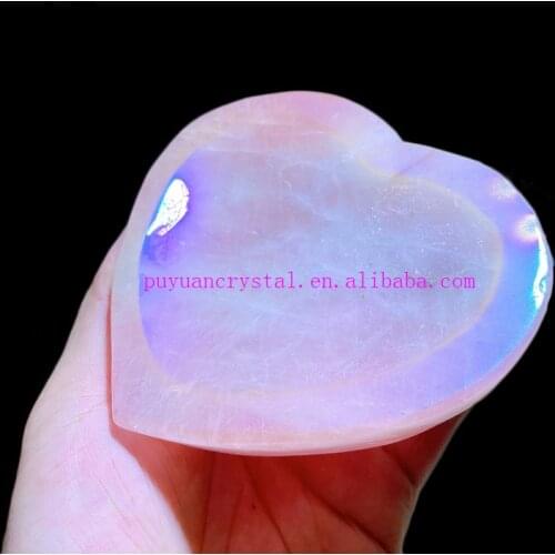 Natural Angel Aura Rose Quartz Bowl Healing Crystal Carved Heart Moon Stone Dish Gift Home Decor Healing Guardian Pink Ornament