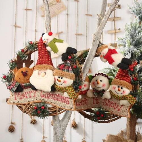 New Christmas Wreath Ornaments Elderly Snowman Elk Cane Ring Pendant Small Work Rattan Wreath Ornaments Decoration Supplies
