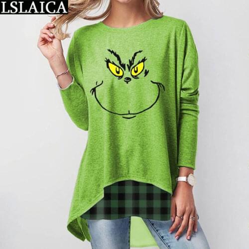Wholesale Woman Tshirts Long Sleeve Round Neck Green T Shirt Cartoon Print Fashion Casual Knitted Autumn Winter Bottoming Tops