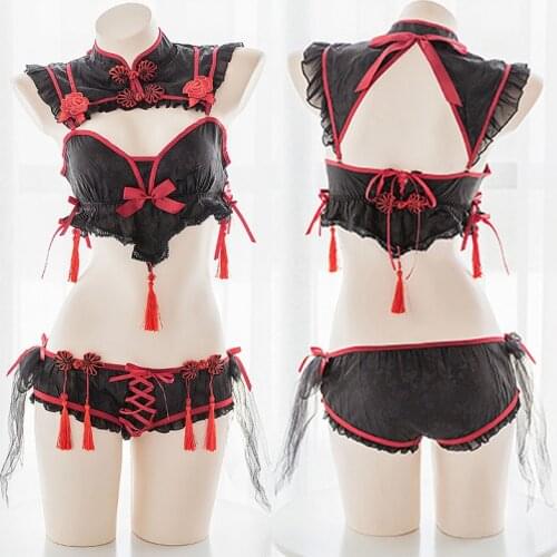 Sexy Anime Cosplay Traditional Dress for Women Gothic Punk little Devil Bra Set Lolita Black Red Tassel Cheongsams Dropship
