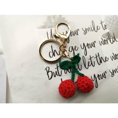 Cute Handmade Knitting Wave Big Cherry Strawberry Keychain Cherry Gold Key Chain Pom Pom Keyring Bag Charms Car Key Holder Gift