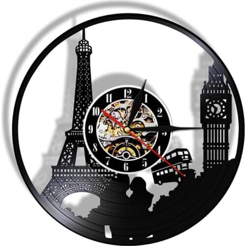 Paris London Travel Themed Vinyl Record Wall Clock Tower Big Ben Tower Unique Travel Landmark Wall Art Retro Clock Watch