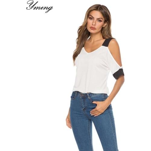 YMING Womens Summer Short Sleeve Sexy Off Shoulder T-Shirt Solid Color V-Neck Top Slim Casual T-shirt Work Party Womens Top