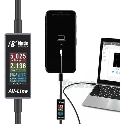 18 Kinds AV-Line Data Monitoring Fast Charger Charge Cable for iPhone Lighting Type C Real Time Brush Voltage Current