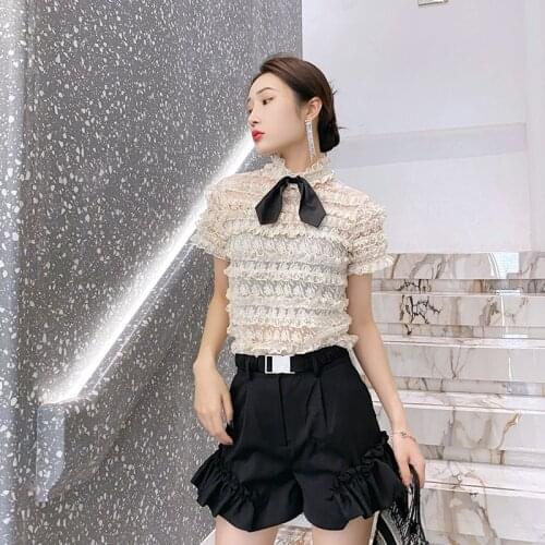 Runway Beige Lace Shirt Luxury Sexy Perspective Shirts Detachable Bow Tie Ruffled Top 2021 Summer New Women Blouses Vestido