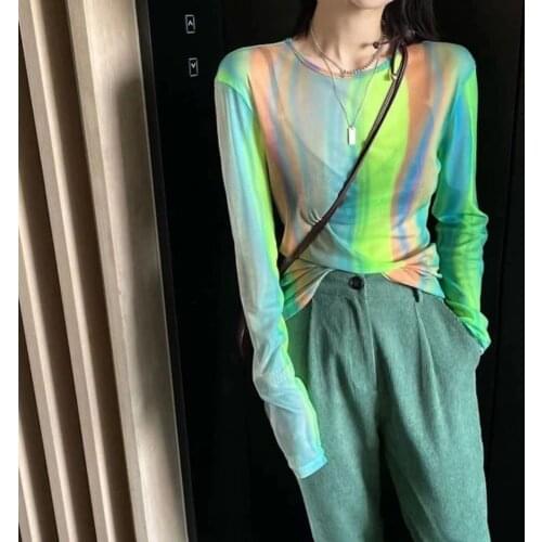Harajuku Woman Tshirts Summer Long Sleeve Mesh Tops Streetwear Fashion Neon Gradient Women Shirts 2021 Fashion T-Shirts Female