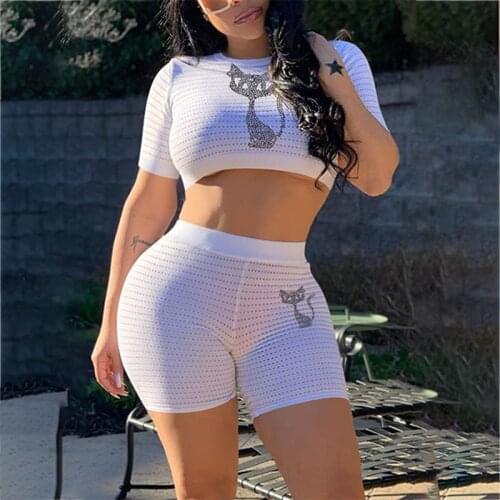 Short Sets Women Seamless Cartoon Cat 2 PCS Yoga Set Bra Shirts Shorts Pant High Waist Fitness Running Sportswear Sports Suits