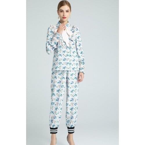 High Quality Womens Summer Ruffled Lapel Blue Floral Long Sleeve Top Sleeves Threaded trousers suit 2 piece suit women 2021