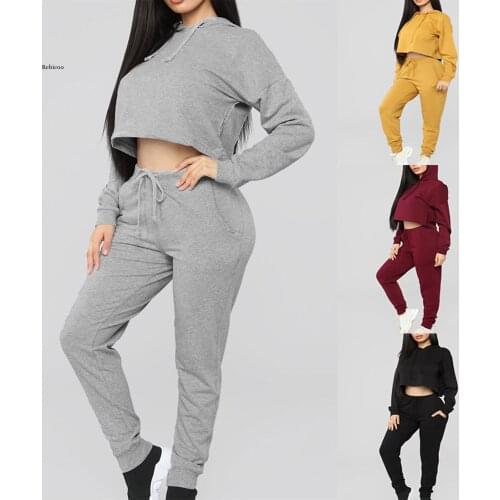 Womens Tracksuit Hooded Sportswear Set Casual Solid Color Homewear Suit Long Sleeve Short Pullover Tops Pants Sports Clothing