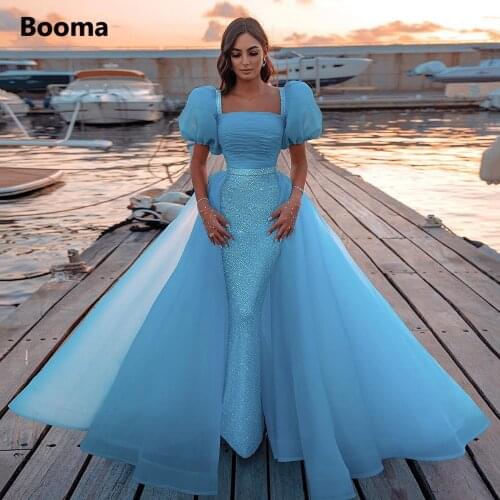 Booma Dubai Glitter Blue Square Mermaid Evening Dresses Short Puff Sleeves Organza Overskirts Cut-Out Back Formal Party Gowns