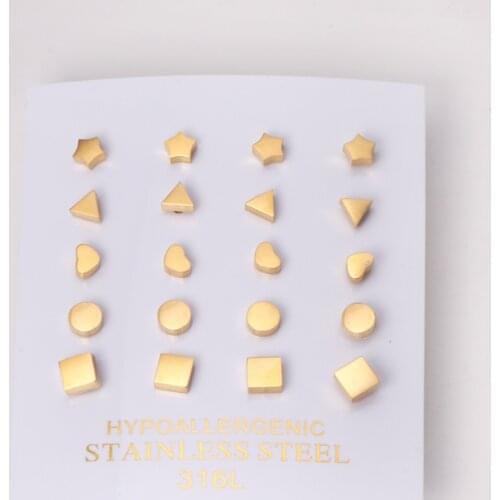10 Pairs Mixed Geometry Stud Earrings Round Star Heart Square Trendy Gold Rose Gold Black Color Stainless Steel Jewelry