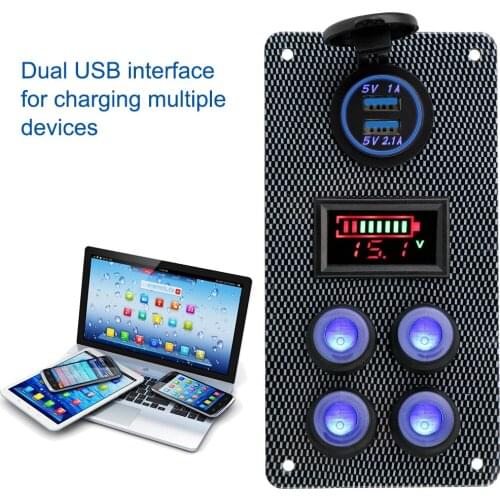 12V/24V LED Voltmeter Gauge On-Off Blue Light Rocker Switch Panel 2.1A+1A Dual USB Socket Charger