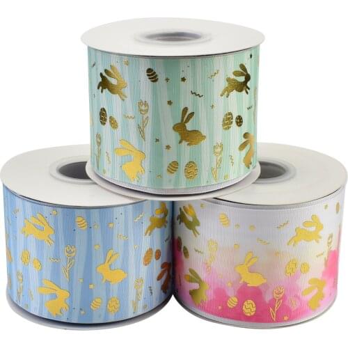 50yards 75mm Gold Foil Rabbit Easter Bunny Grosgrain Ribbon For Easter DIY Accessories Welcome Custom Printed