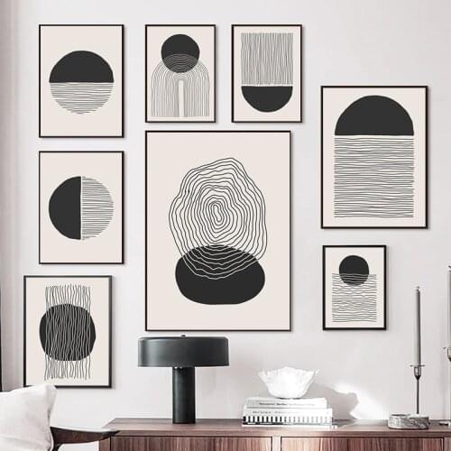 Mid Century Abstract Geometric Wall Art Canvas Painting Black White Line Art Prints Poster Scandinavian Style Home Room Decor