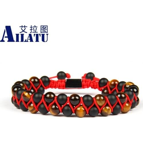 Ailatu New Men Bracelet Double Beaded 6mm Tiger Eye & Matte Onyx Stone Beads Friendship Red String Braiding Bracelets