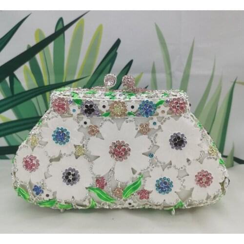 White Colorful Floral Wedding Party Bridal Ladies Crystal Clutch Purse And Wallet Formal Dinner Banquet Womens Diamond Handbags