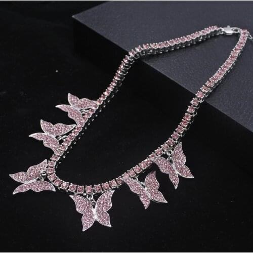 Fashion Bling Crystal Tennis Chain Choker Necklace for Women Gold Six Butterfly Charm Pendant 25MM Necklace Party Jewelry