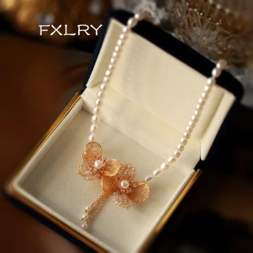 FXLRY Original Handmade Natural Pearl Vintage Metal Mesh Flower Clavicle Chain Necklace For Lady Jewelry Accessory