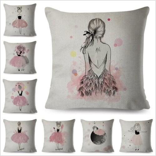 Nordic Style Pink Ballet Girl Cushion Cover Decor Cartoon Simple Queen Pillow Case for Sofa Super Soft Short Plush Pillowcase