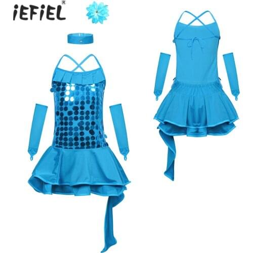 Kids Girls Party Dress Children Professional Ballroom Latin Dance Dress For Girls Sequins Ballet Jazz Dancewear for Stage Show
